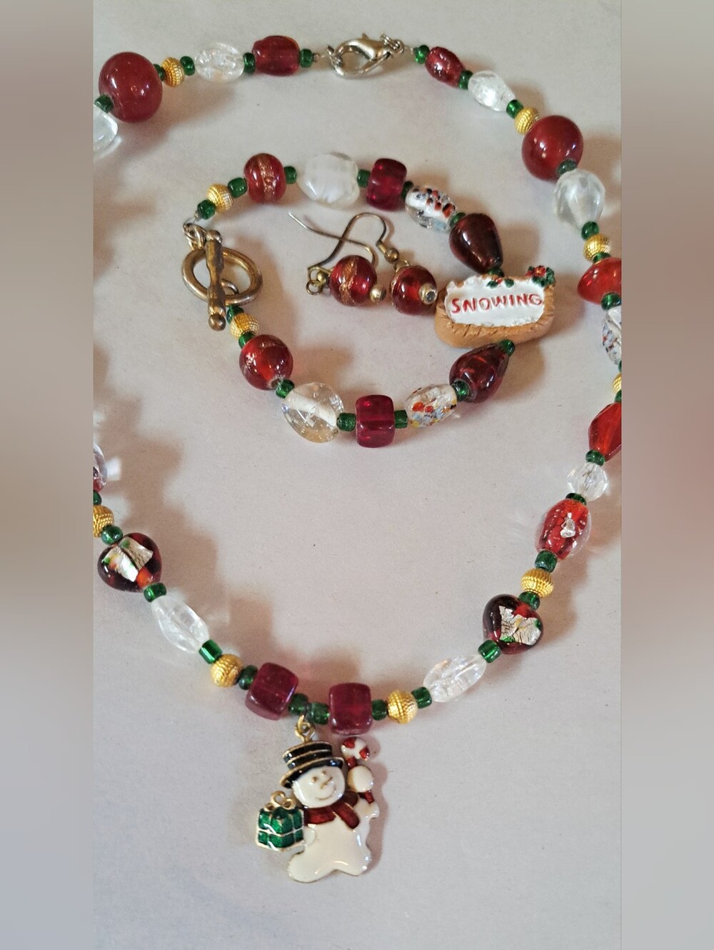 Holiday Glass Bracelet, Earrings & Necklace Snowman Snowing Sign Set Christmas